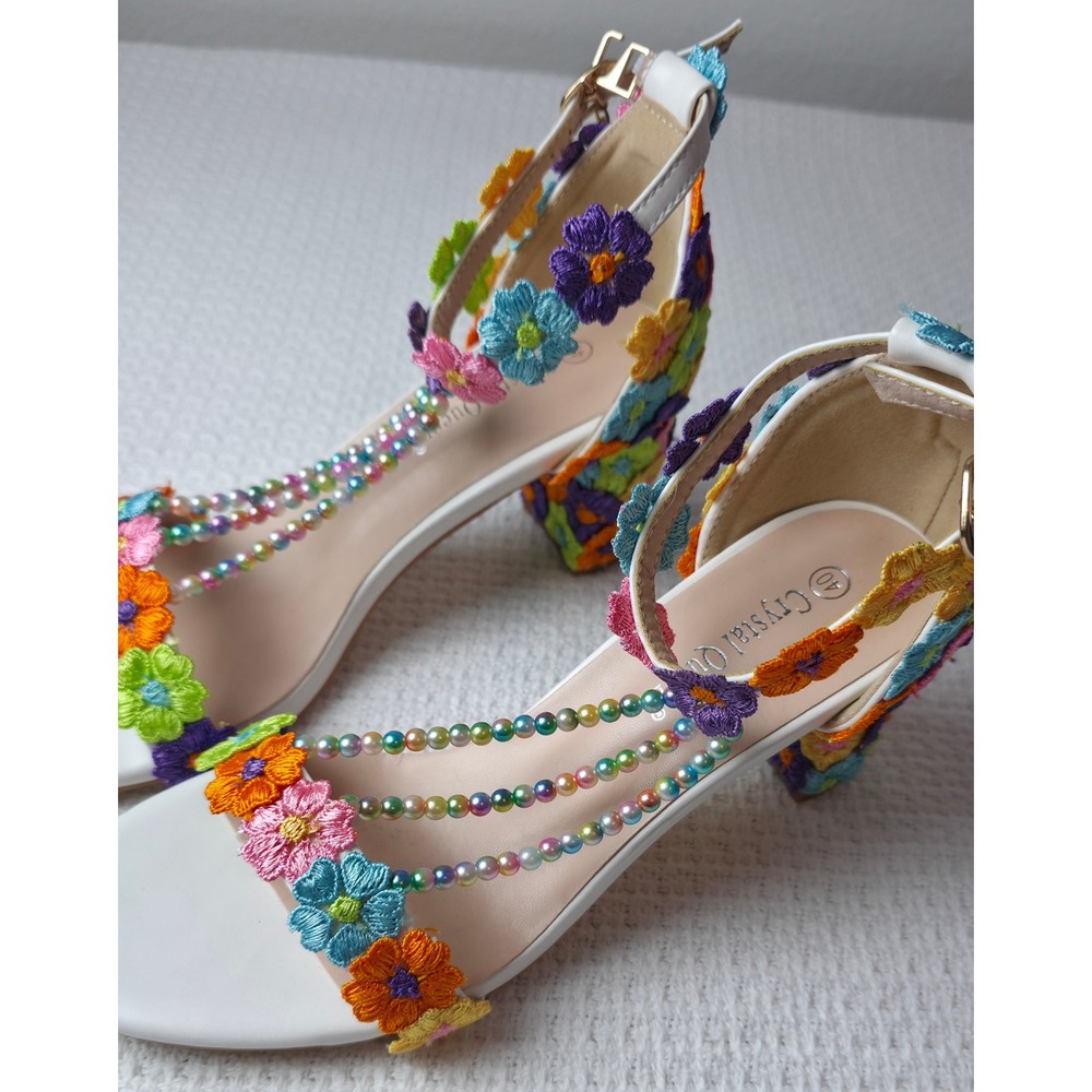 Crystal Queen Floral Embroidered Sandals Womens 40 White Multi Beads - Picture 2 of 7